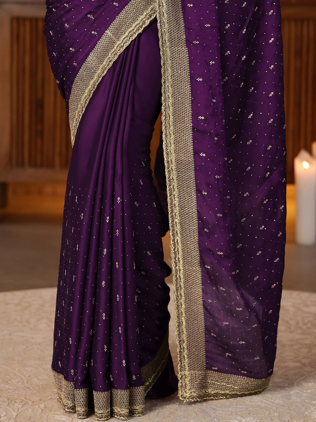 Libas Burgundy Embellished Chiffon Saree