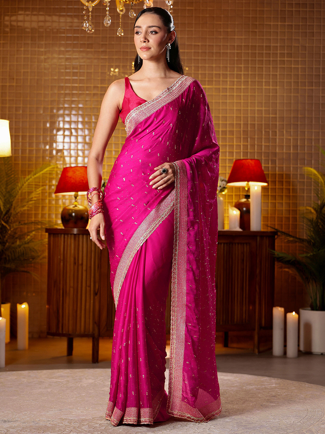 Libas Pink Embellished Chiffon Saree