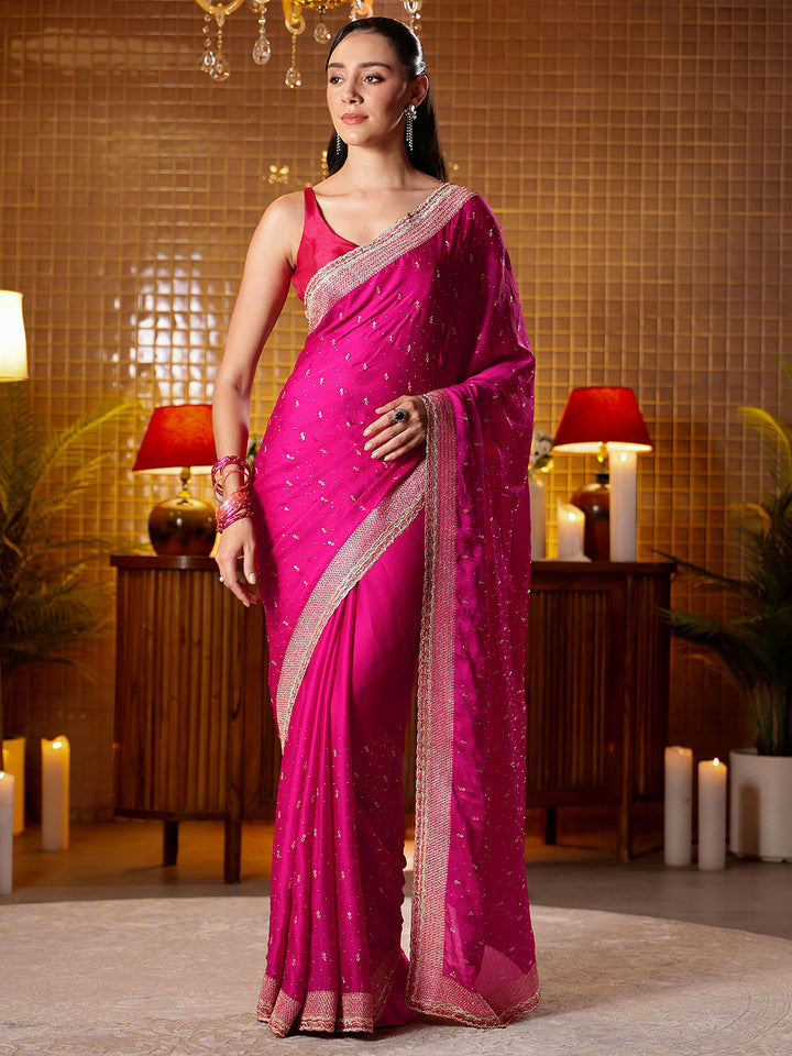Libas Pink Embellished Chiffon Saree