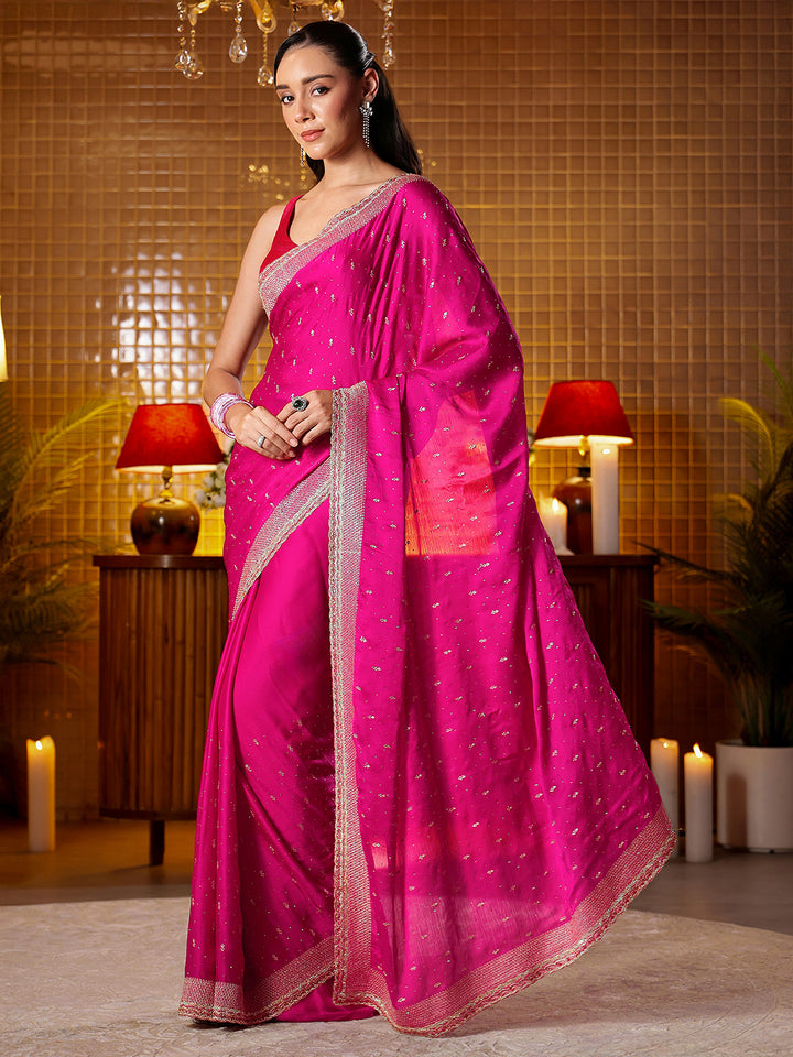 Libas Pink Embellished Chiffon Saree