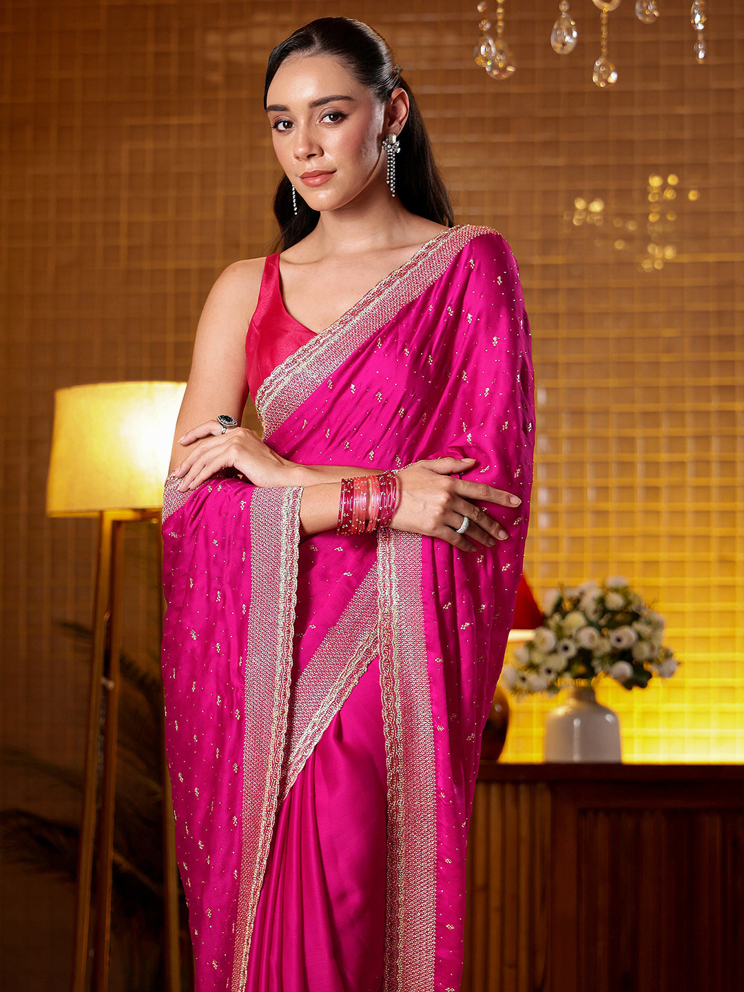 Pink Embellished Chiffon Saree