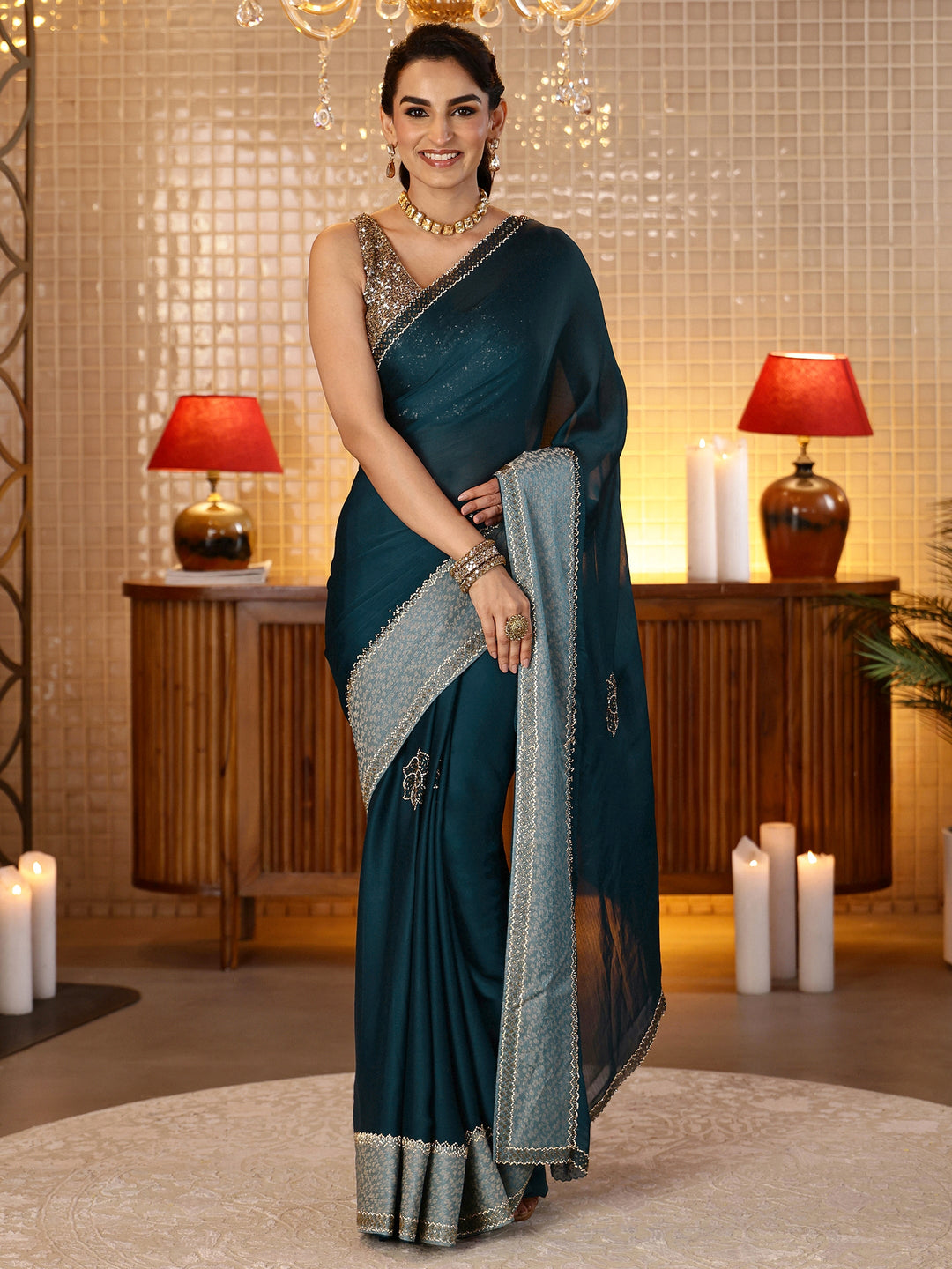 Libas Navy Blue Embellished Chiffon Saree