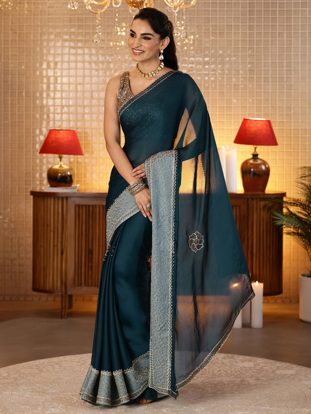 Libas Navy Blue Embellished Chiffon Saree