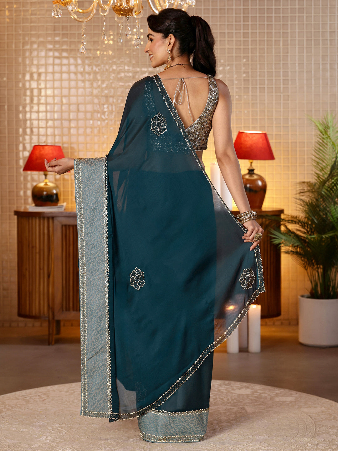 Libas Navy Blue Embellished Chiffon Saree