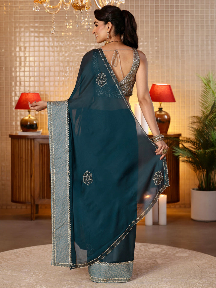 Libas Navy Blue Embellished Chiffon Saree