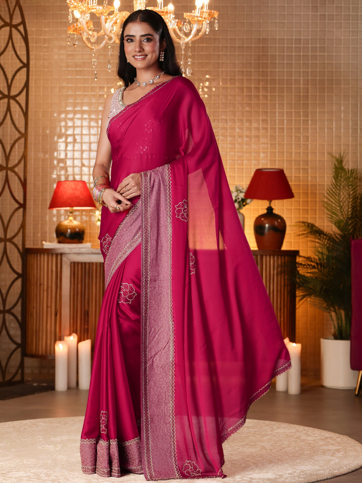 Libas Pink Solid Chiffon Saree