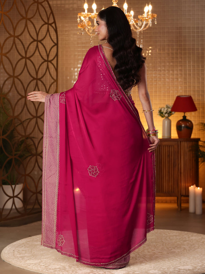 Libas Pink Solid Chiffon Saree
