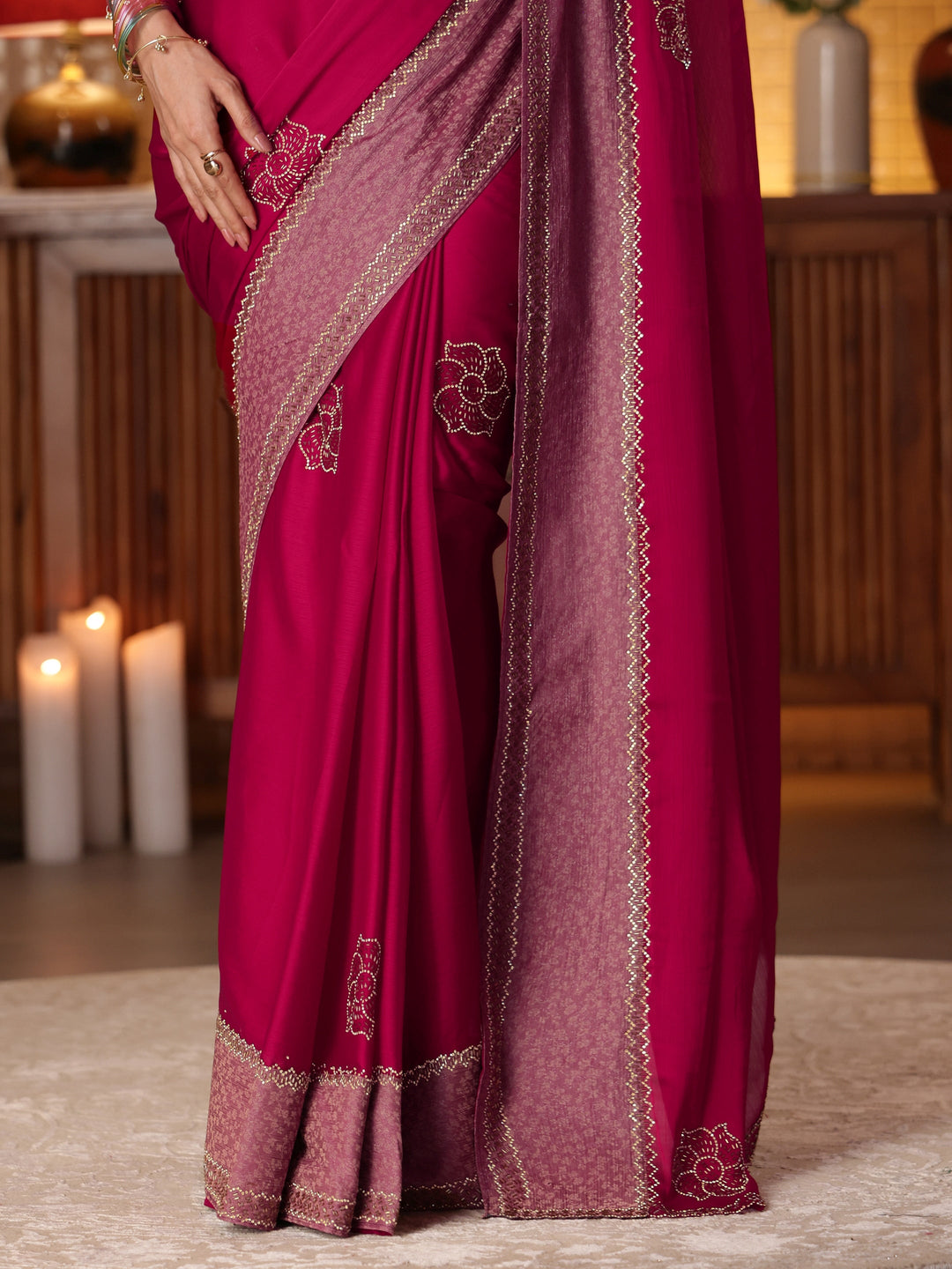 Libas Pink Solid Chiffon Saree