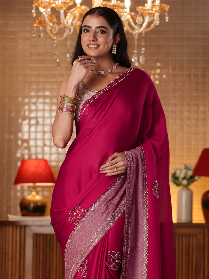 Libas Pink Solid Chiffon Saree