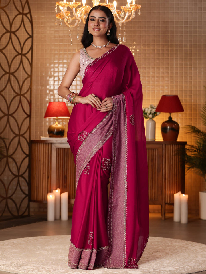 Libas Pink Solid Chiffon Saree