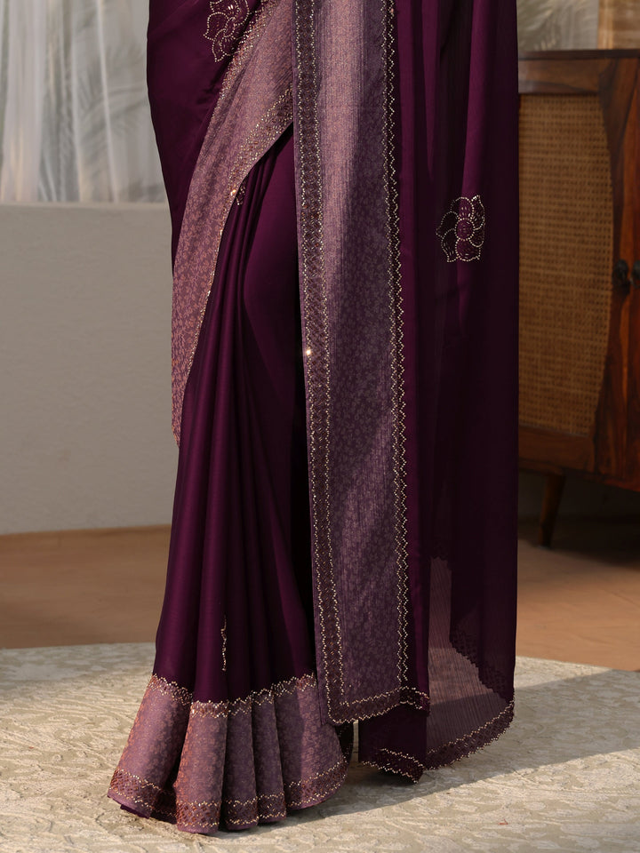 Burgundy Embellished Chiffon Saree