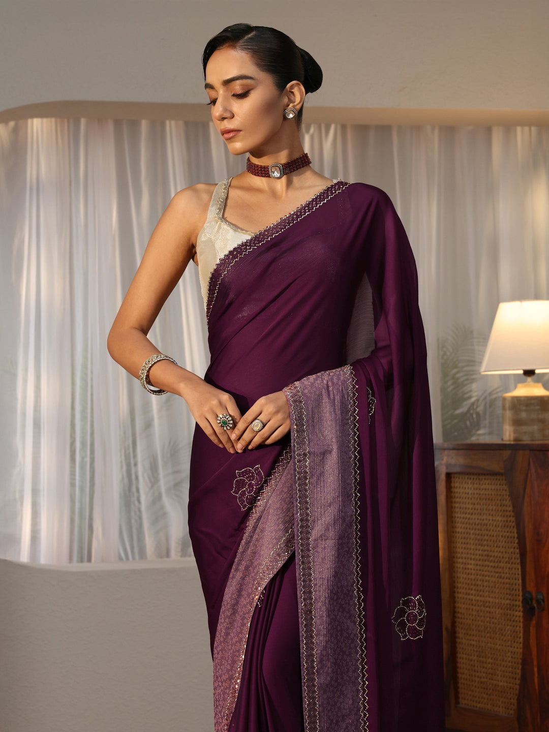 Burgundy Embellished Chiffon Saree