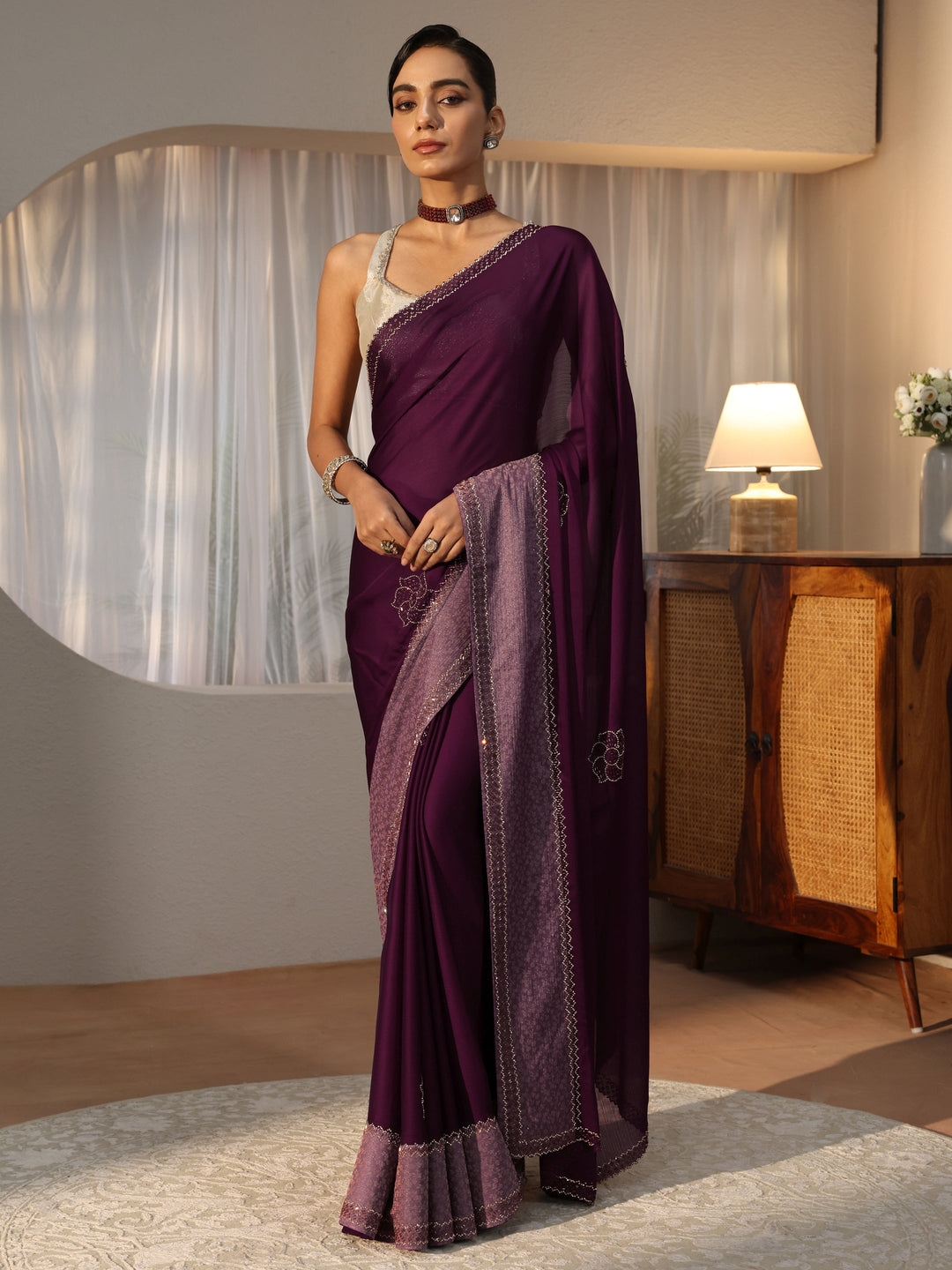 Burgundy Embellished Chiffon Saree