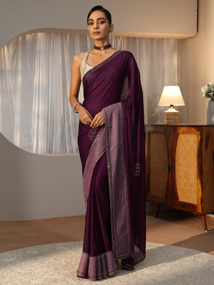 Burgundy Embellished Chiffon Saree