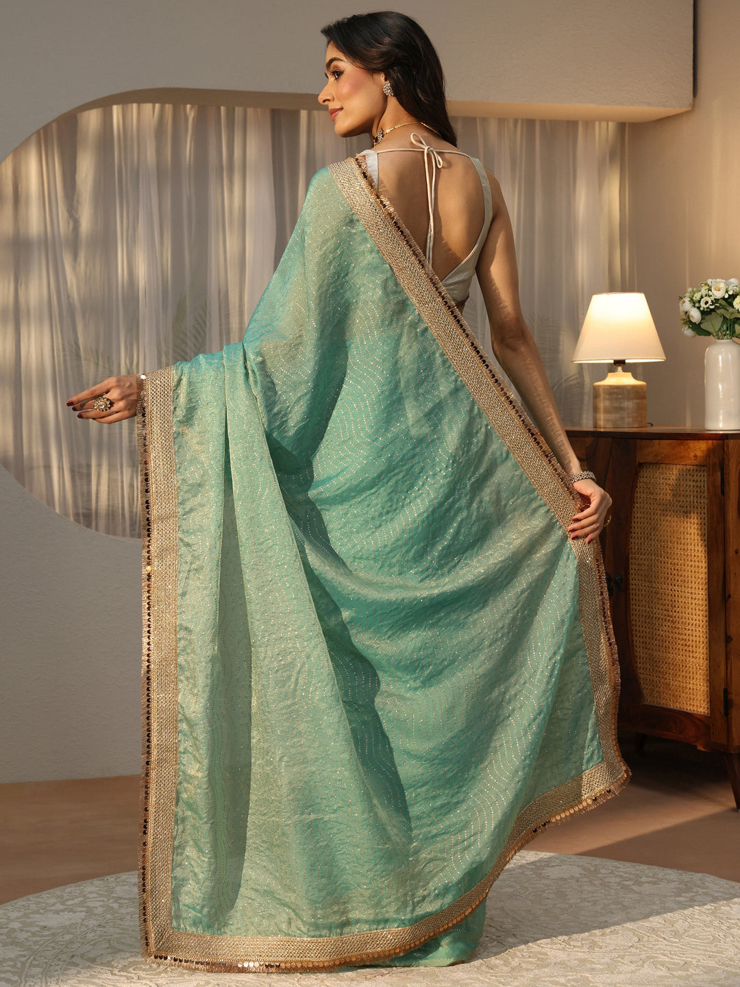 Seafoam Blue Leheriya Embellished Tissue Saree
