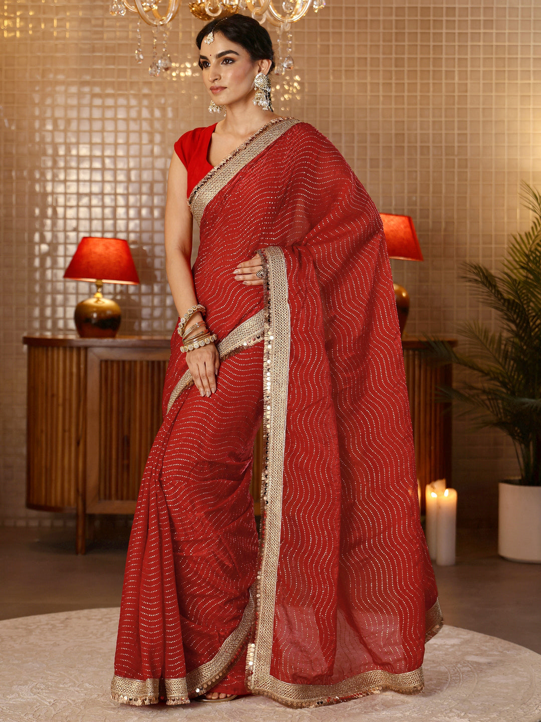 Libas Vermilion Red Leheriya Embellished Tissue Saree