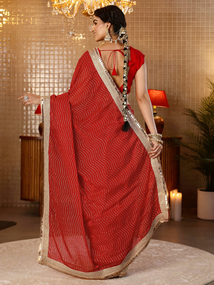 Libas Vermilion Red Leheriya Embellished Tissue Saree