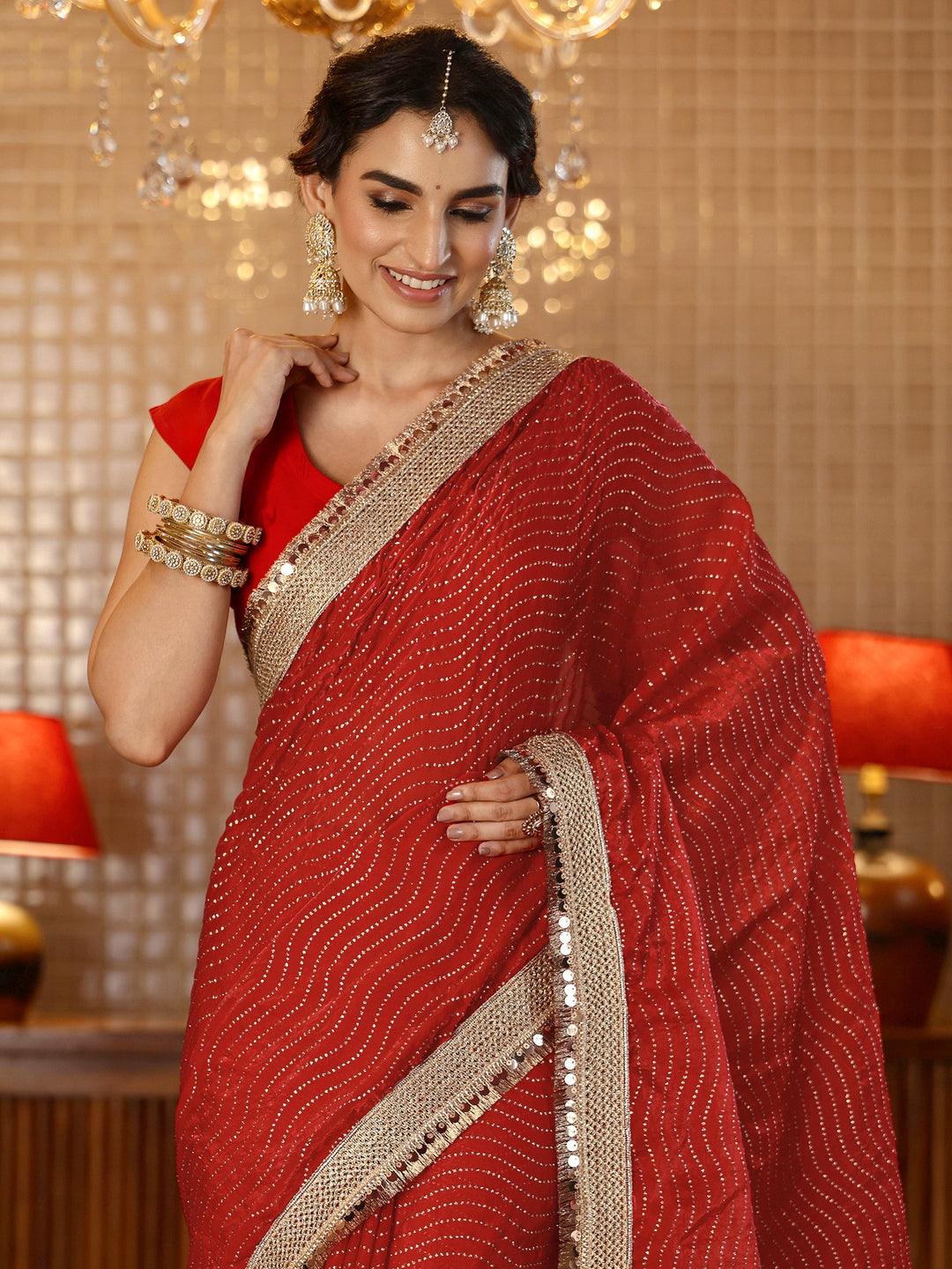 Libas Vermilion Red Leheriya Embellished Tissue Saree
