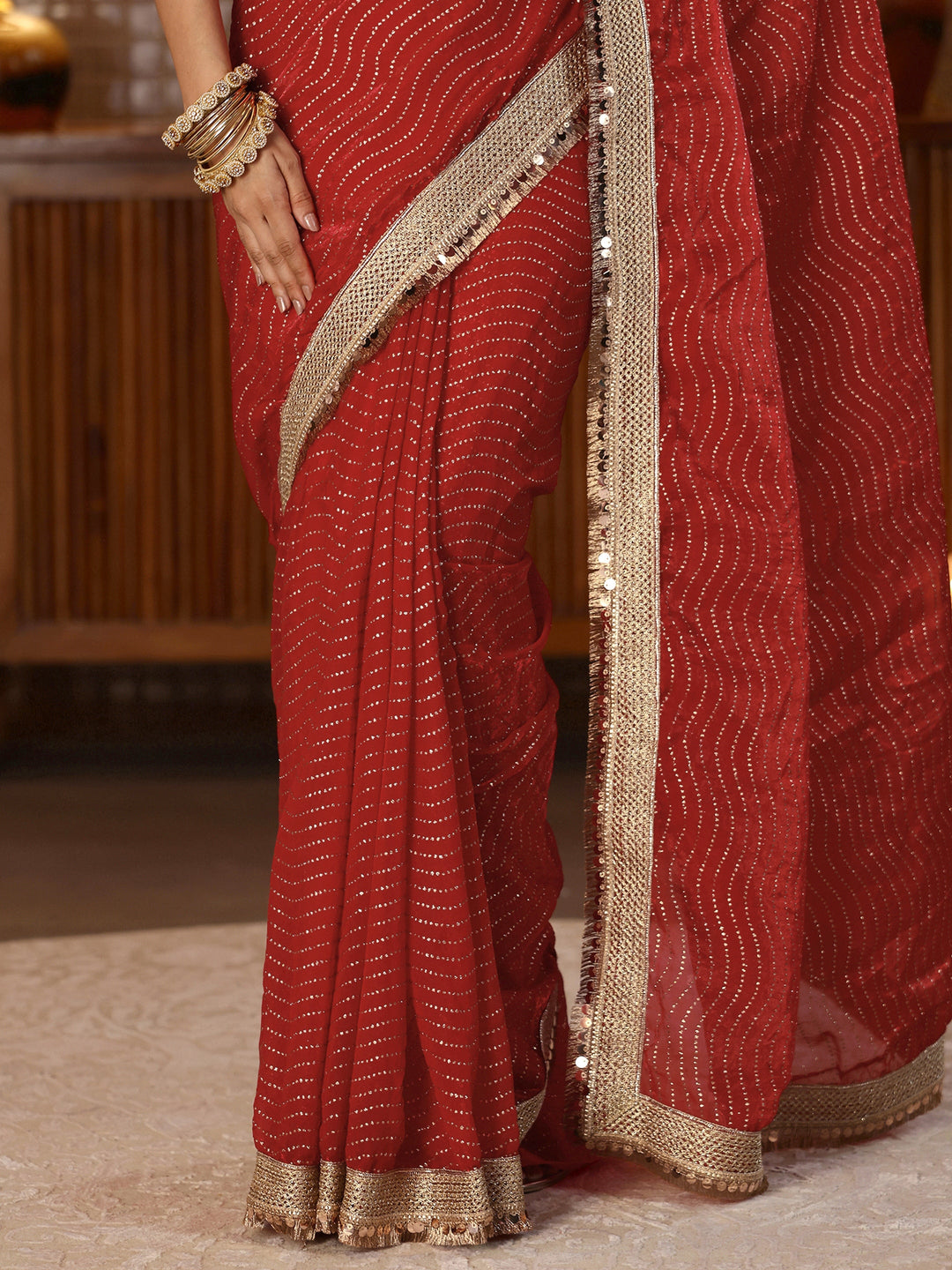 Libas Vermilion Red Leheriya Embellished Tissue Saree