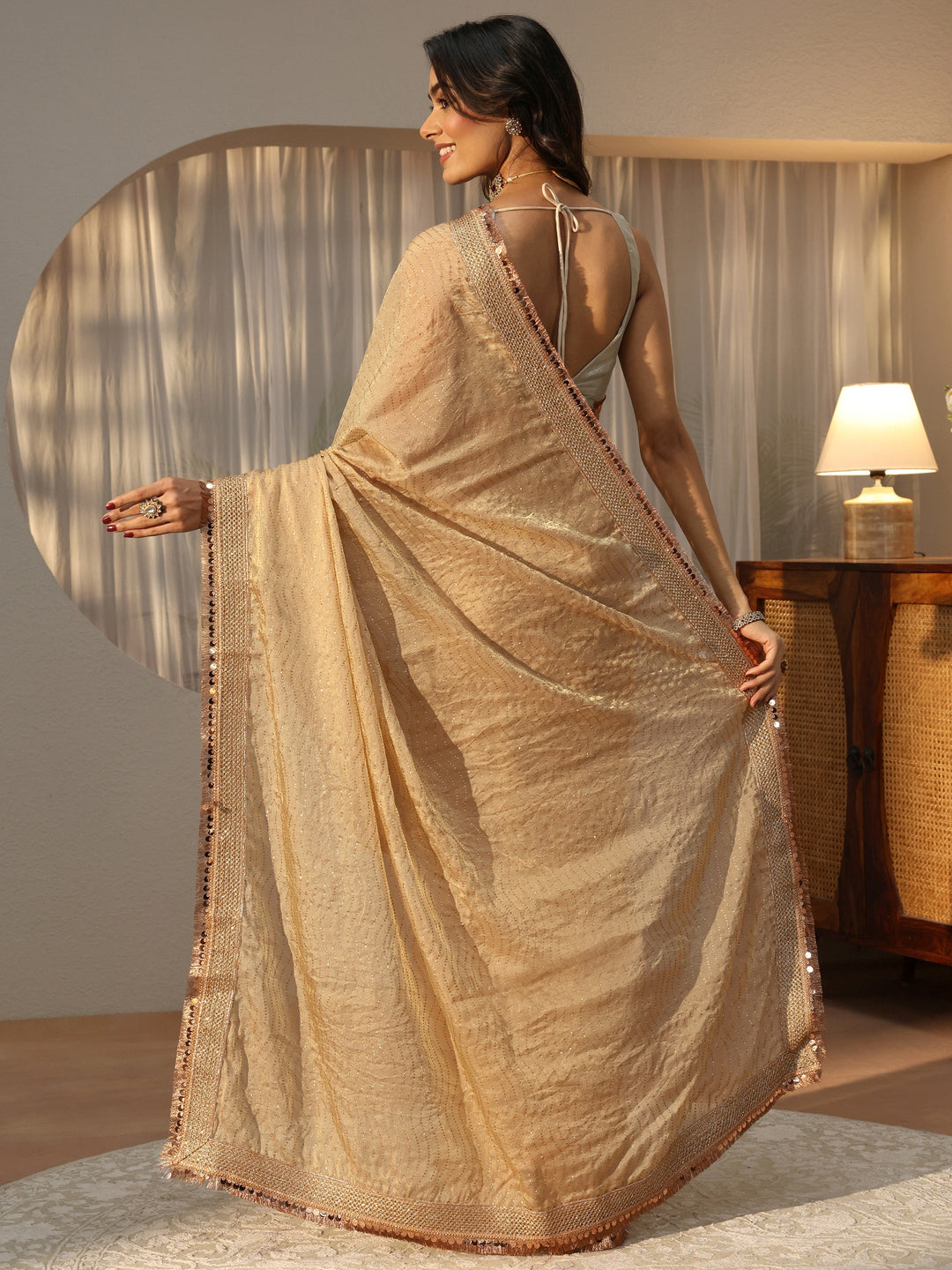 Beige Leheriya Embellished Tissue Saree