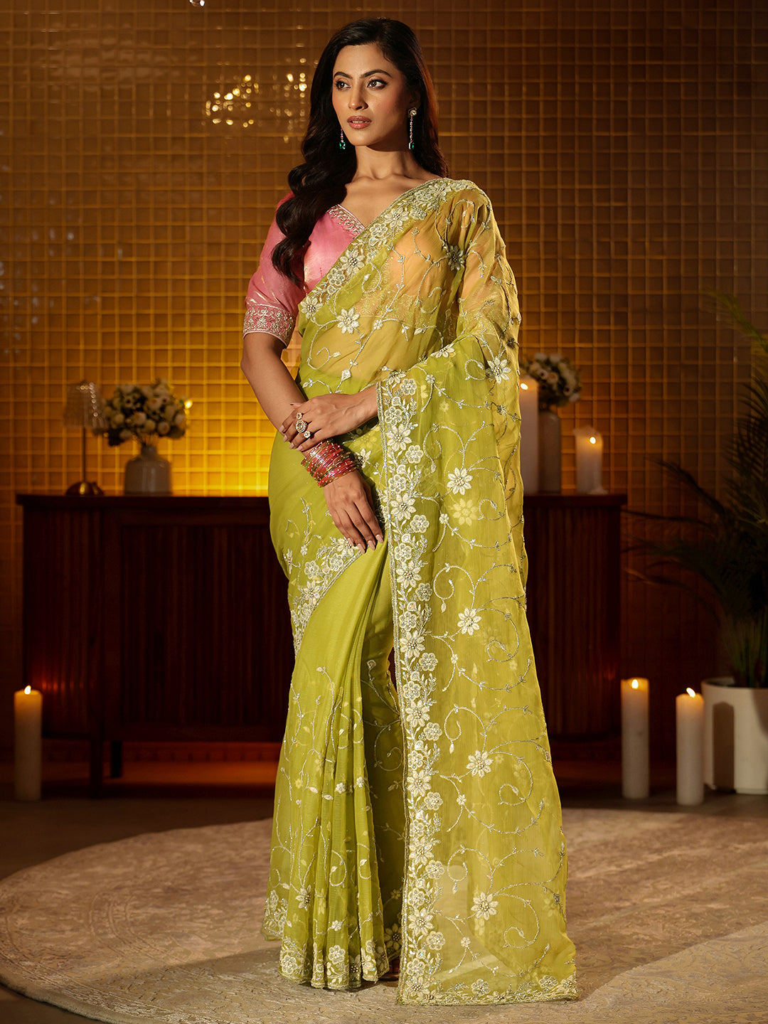 Libas Green Floral Embroidered Chiffon Saree