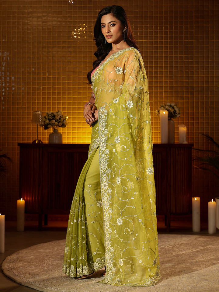 Libas Green Floral Embroidered Chiffon Saree