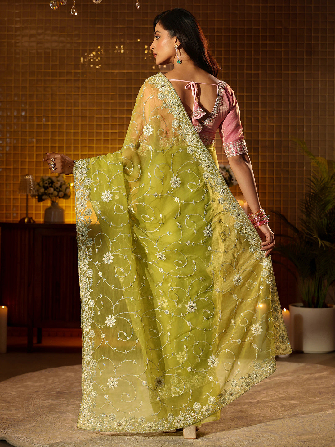 Libas Green Floral Embroidered Chiffon Saree