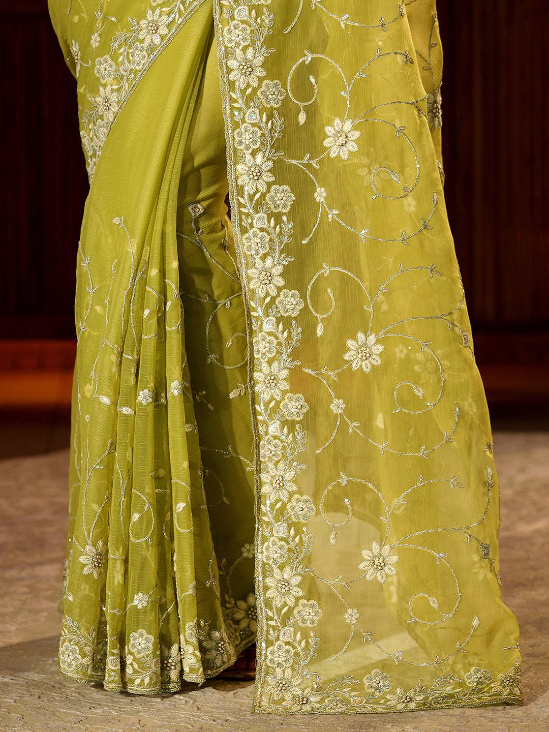 Libas Green Floral Embroidered Chiffon Saree