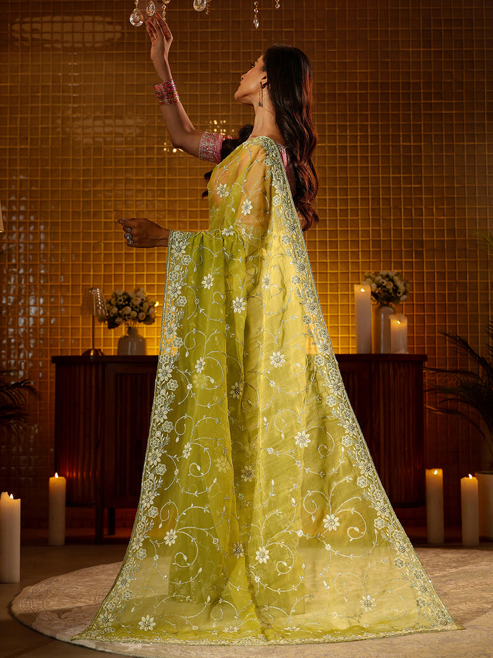 Libas Green Floral Embroidered Chiffon Saree