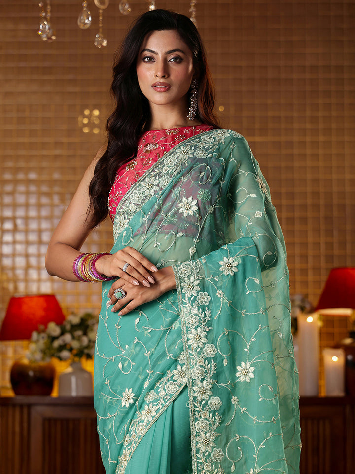 Libas Blue Floral Embroidered Chiffon Saree