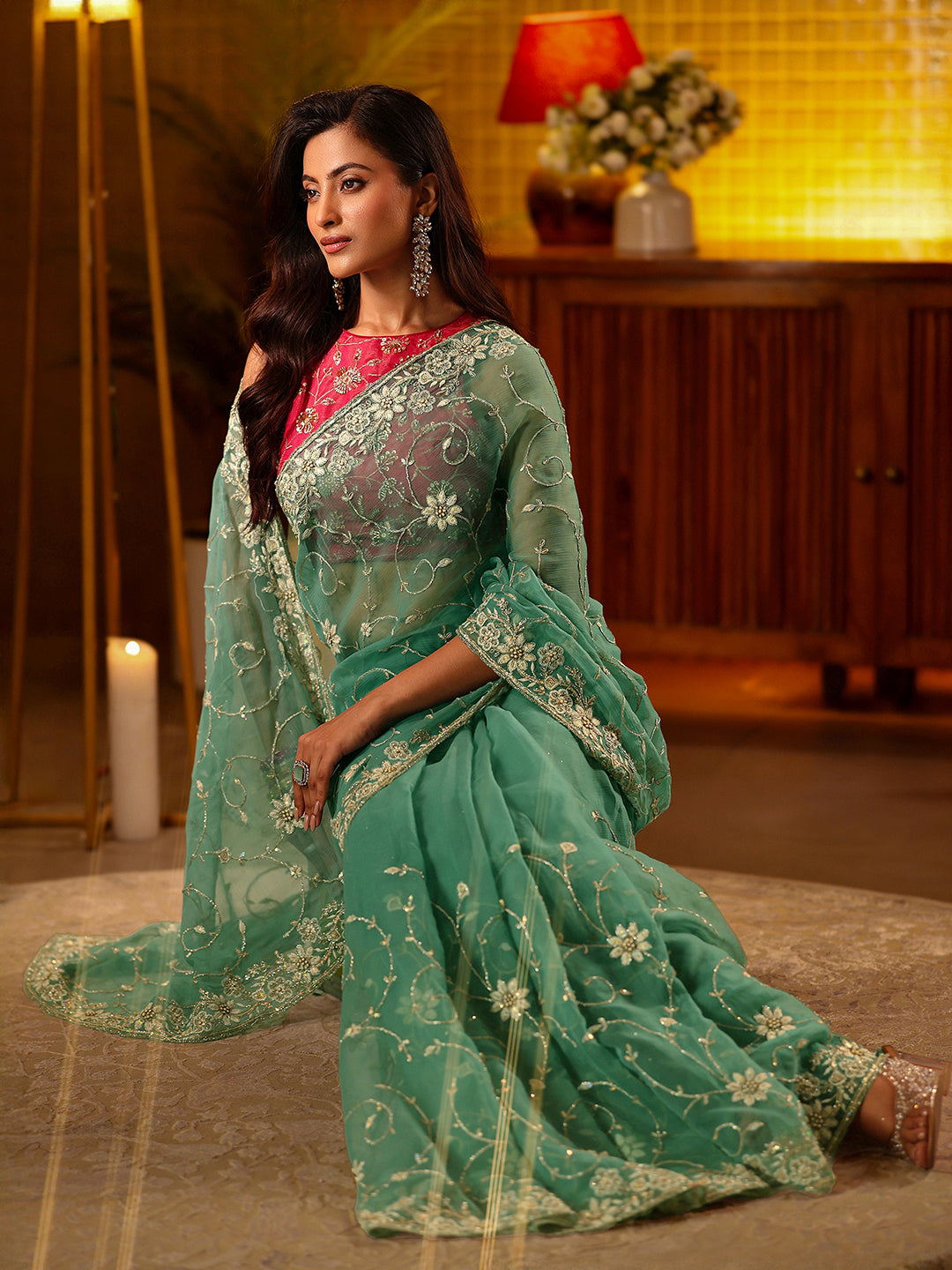 Blue Floral Embroidered Chiffon Saree