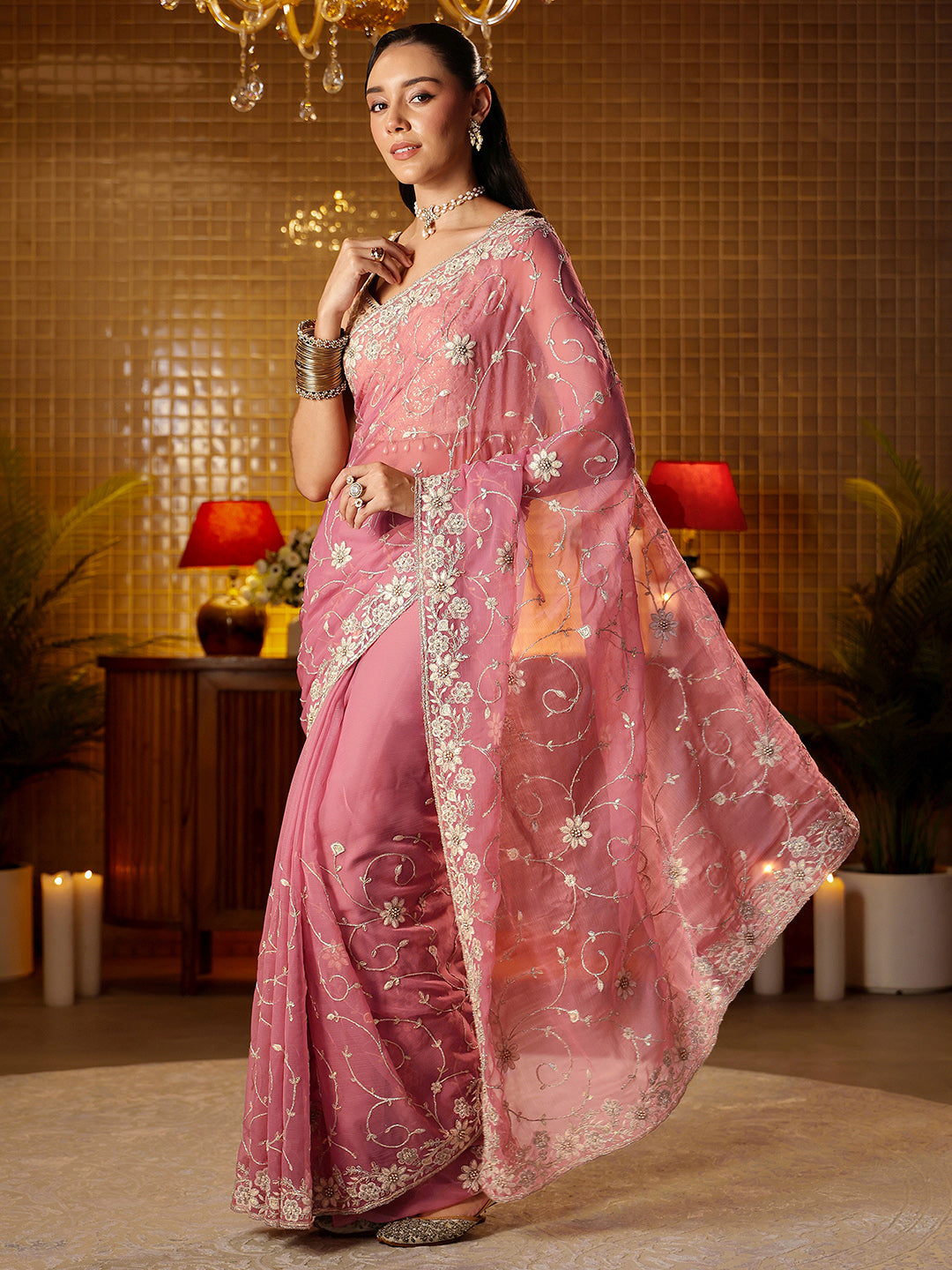 Libas Pink Floral Embroidered Chiffon Saree
