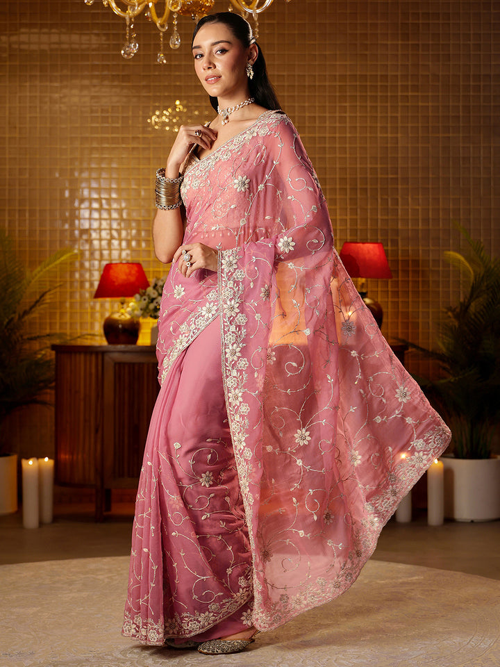 Libas Pink Floral Embroidered Chiffon Saree