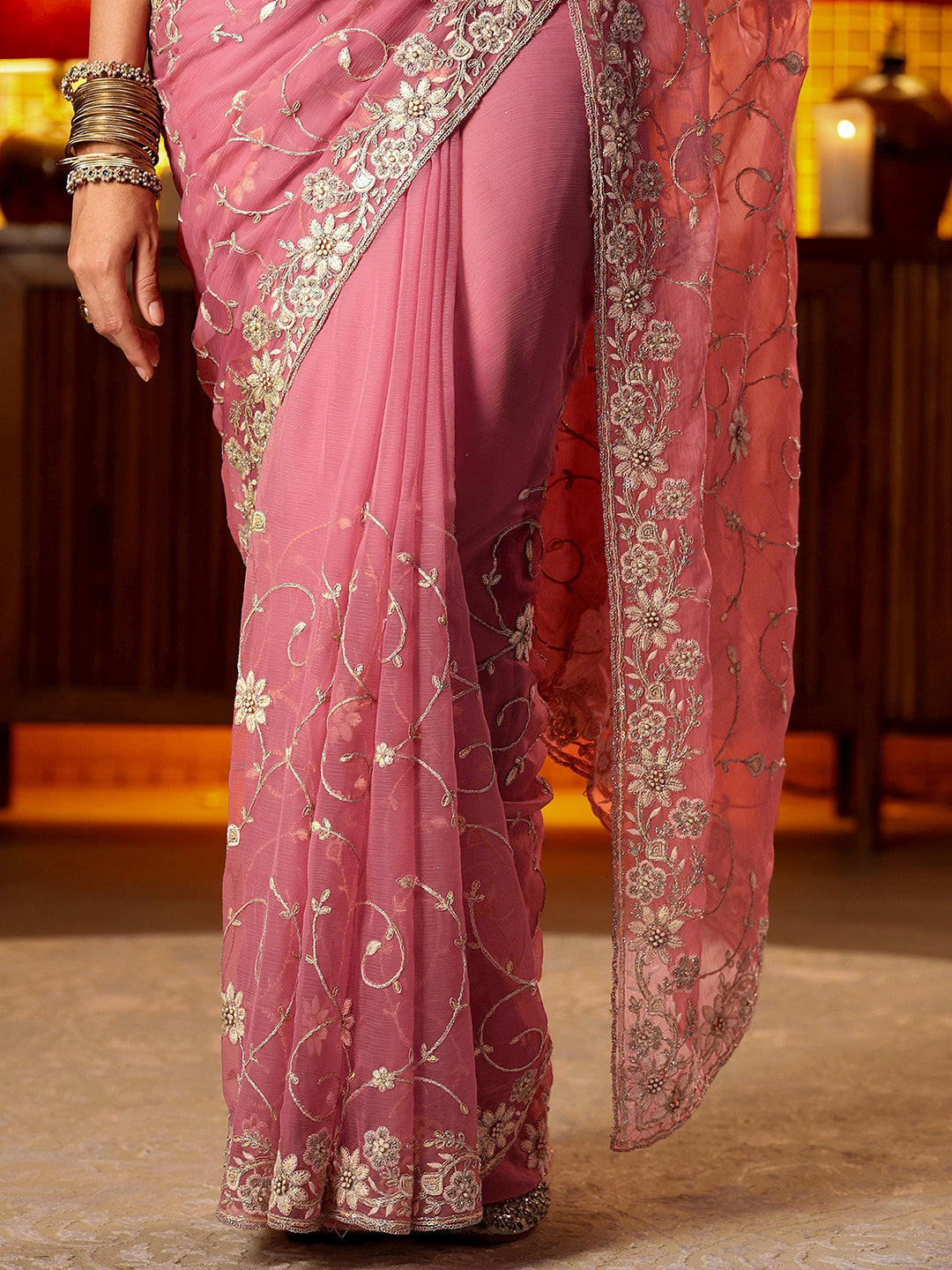Libas Pink Floral Embroidered Chiffon Saree