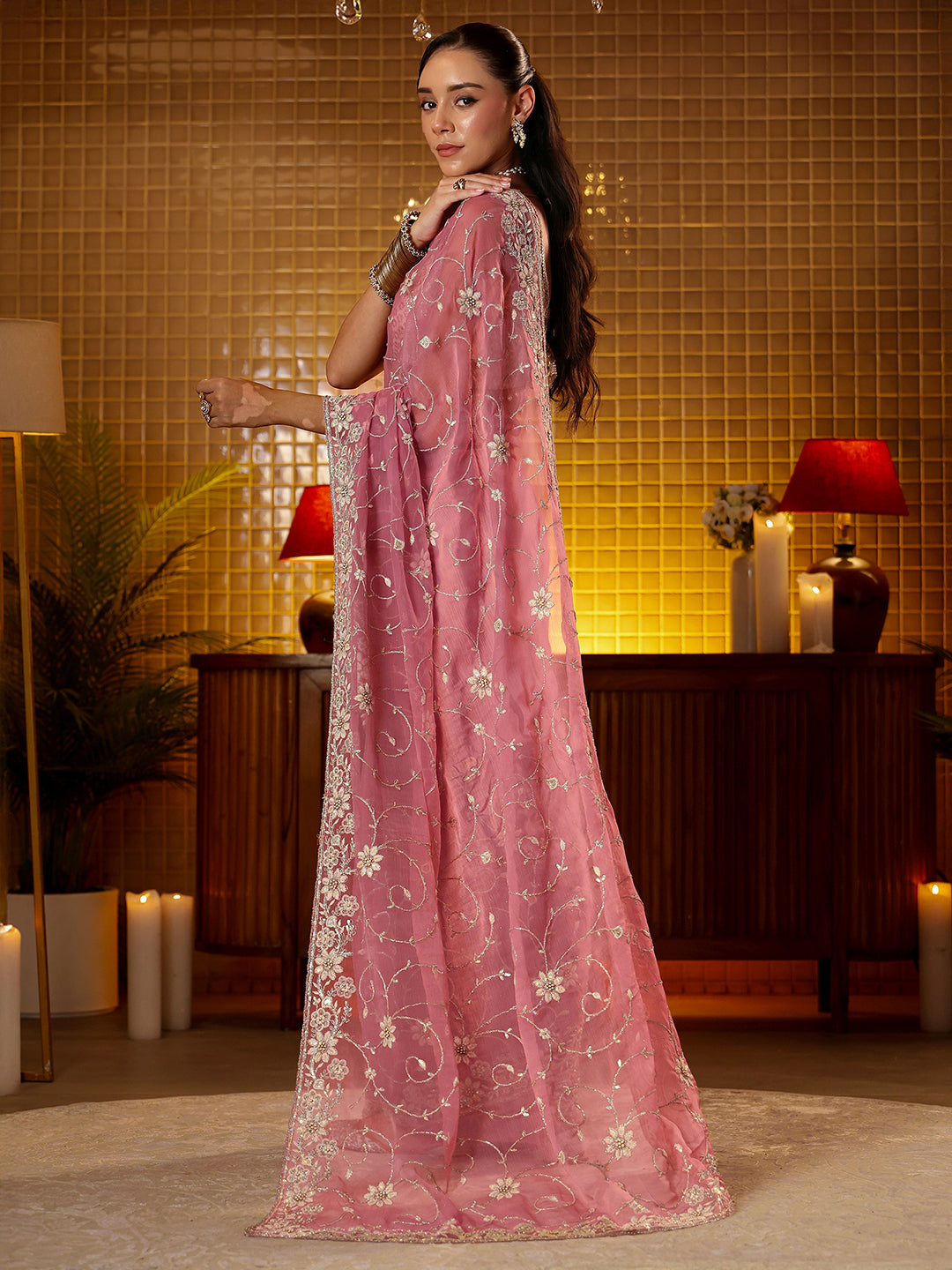 Libas Pink Floral Embroidered Chiffon Saree
