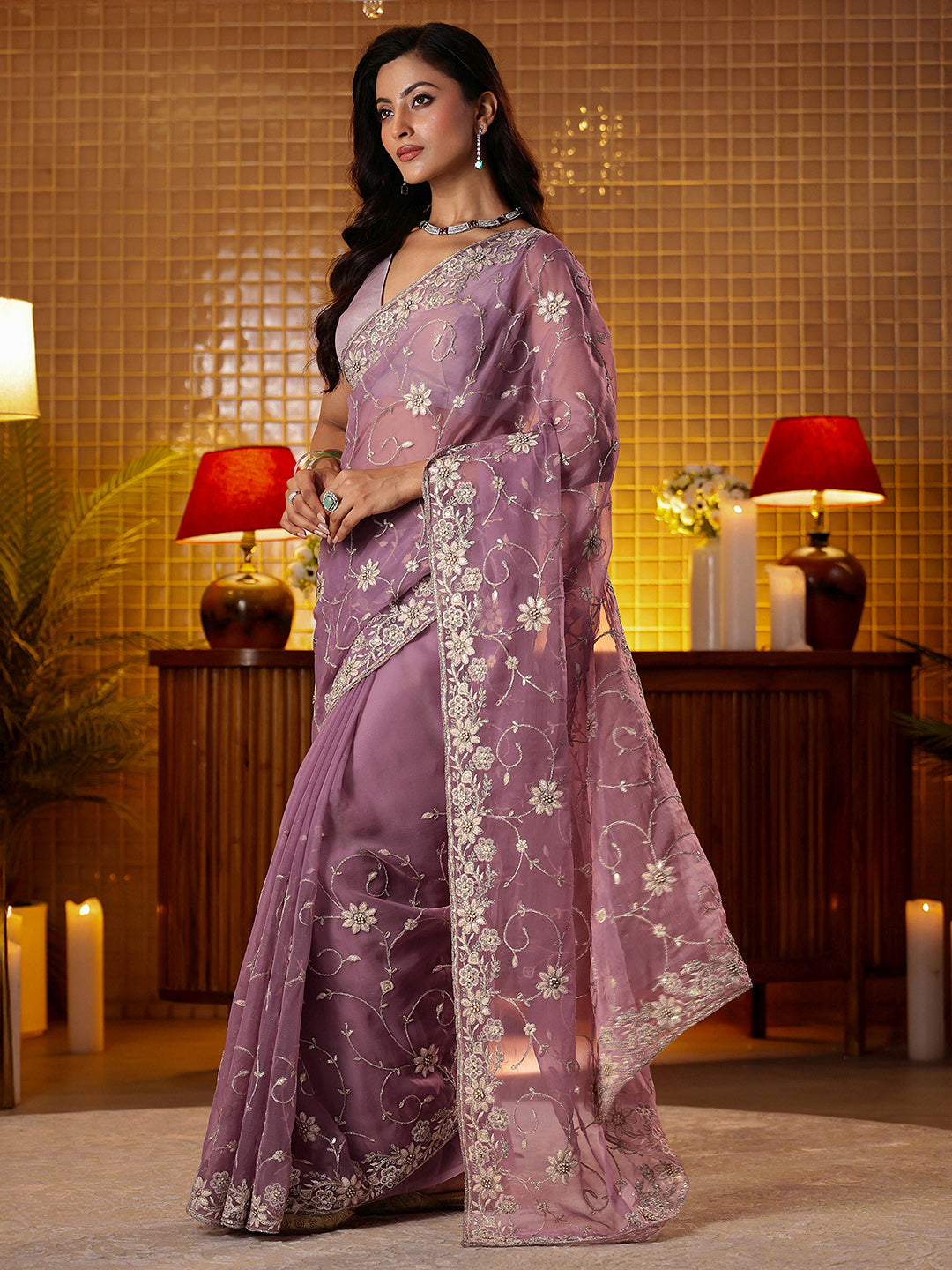 Libas Lavender Floral Embroidered Chiffon Saree