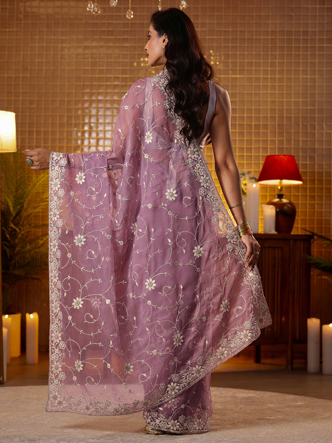 Libas Lavender Floral Embroidered Chiffon Saree