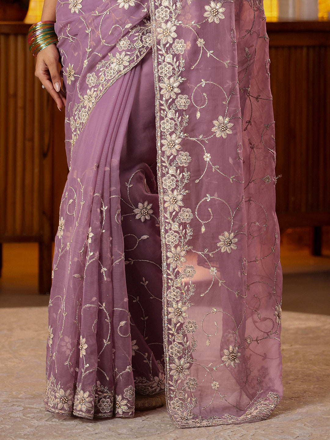 Libas Lavender Floral Embroidered Chiffon Saree