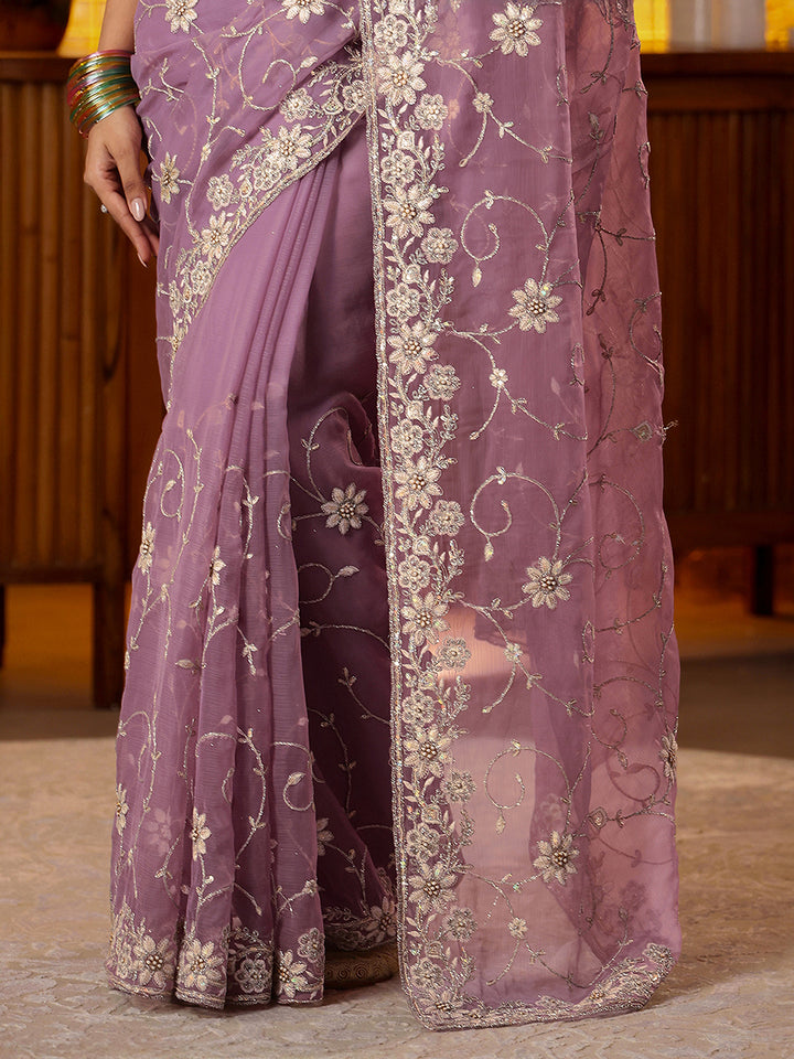 Libas Lavender Floral Embroidered Chiffon Saree