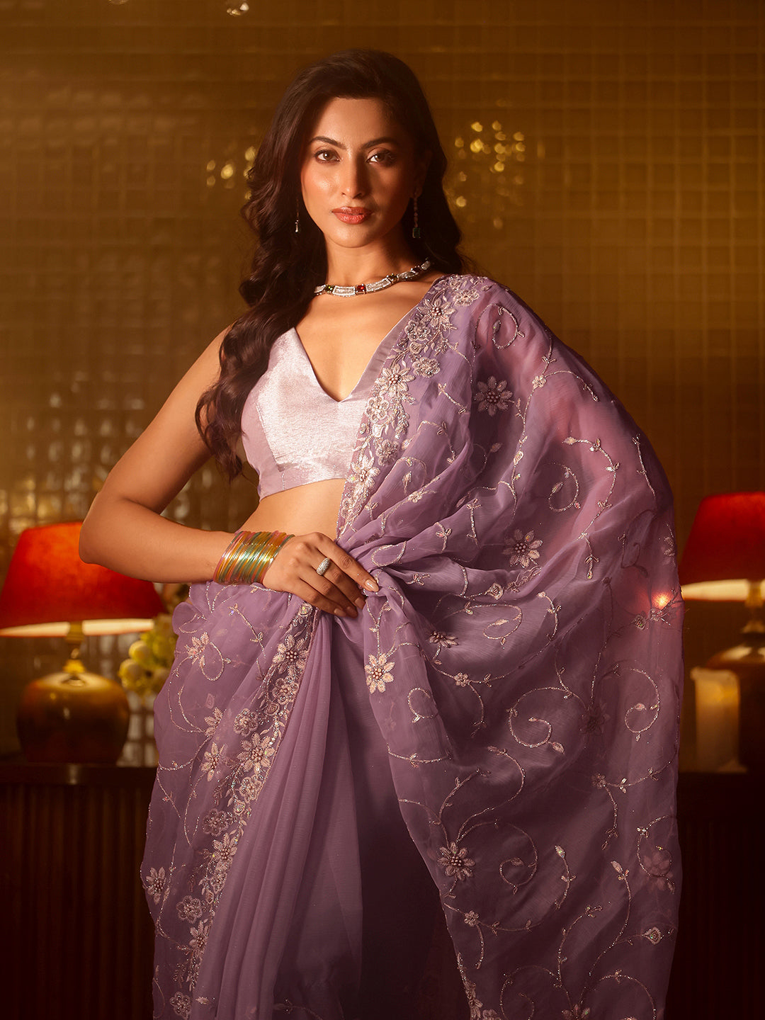 Lavender Floral Embroidered Chiffon Saree