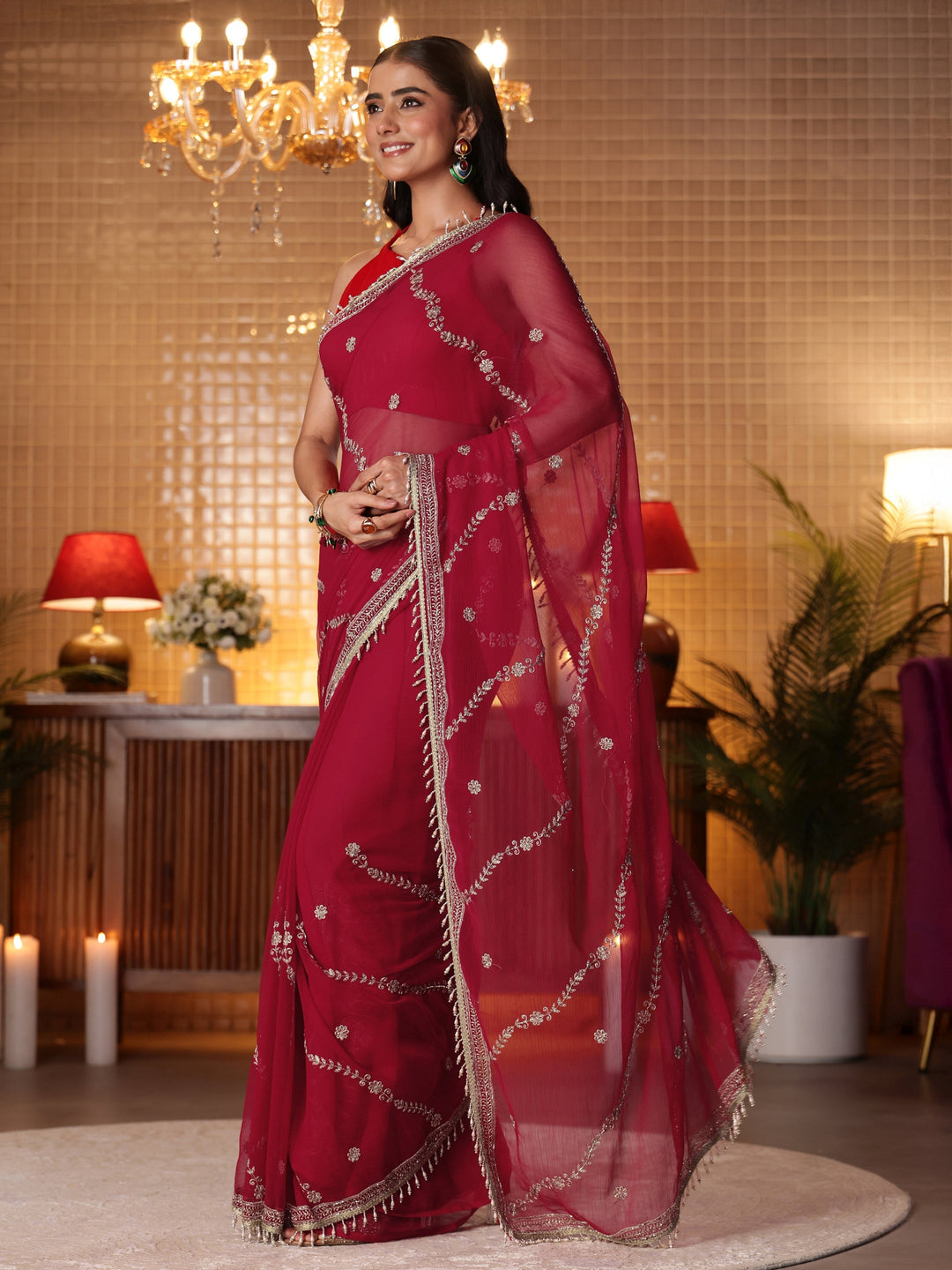 Libas Red Floral Embroidered Chiffon Saree
