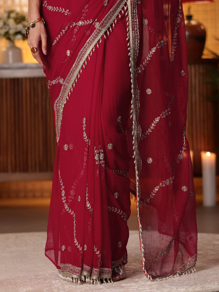 Libas Red Floral Embroidered Chiffon Saree