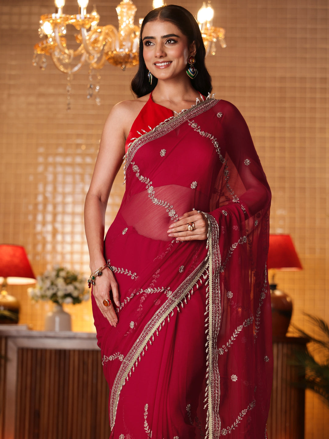 Libas Red Floral Embroidered Chiffon Saree