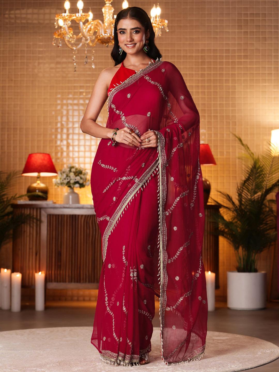 Libas Red Floral Embroidered Chiffon Saree
