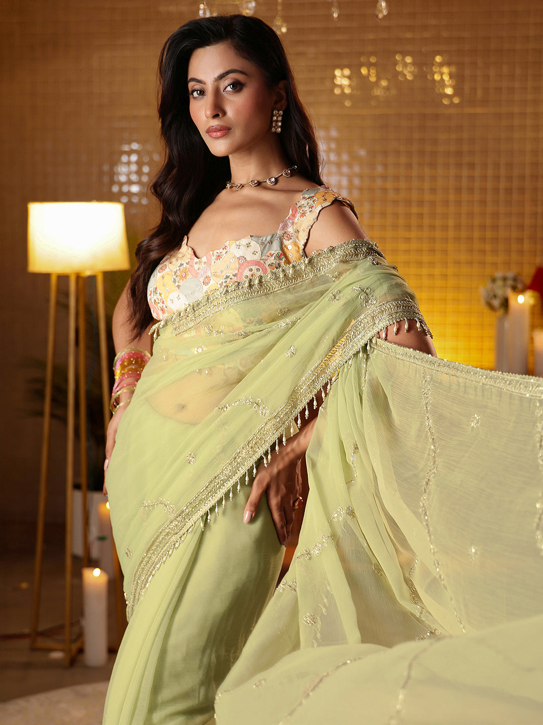 Libas Green Floral Embroidered Chiffon Saree