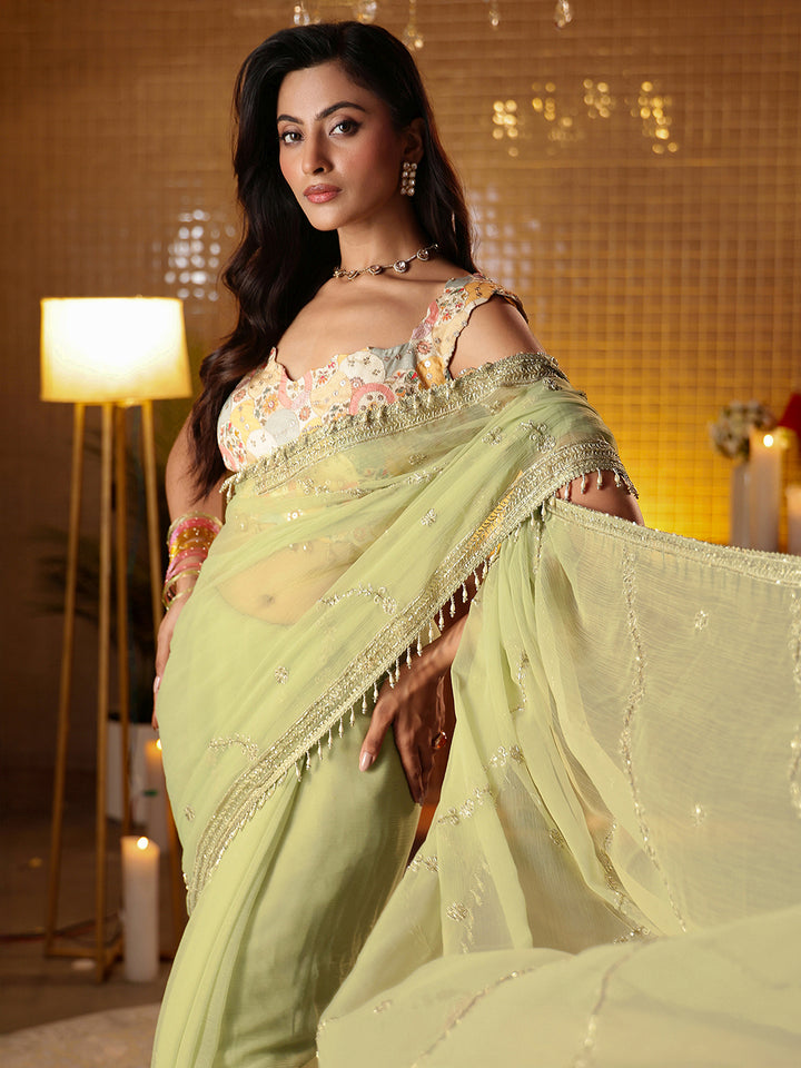 Libas Green Floral Embroidered Chiffon Saree