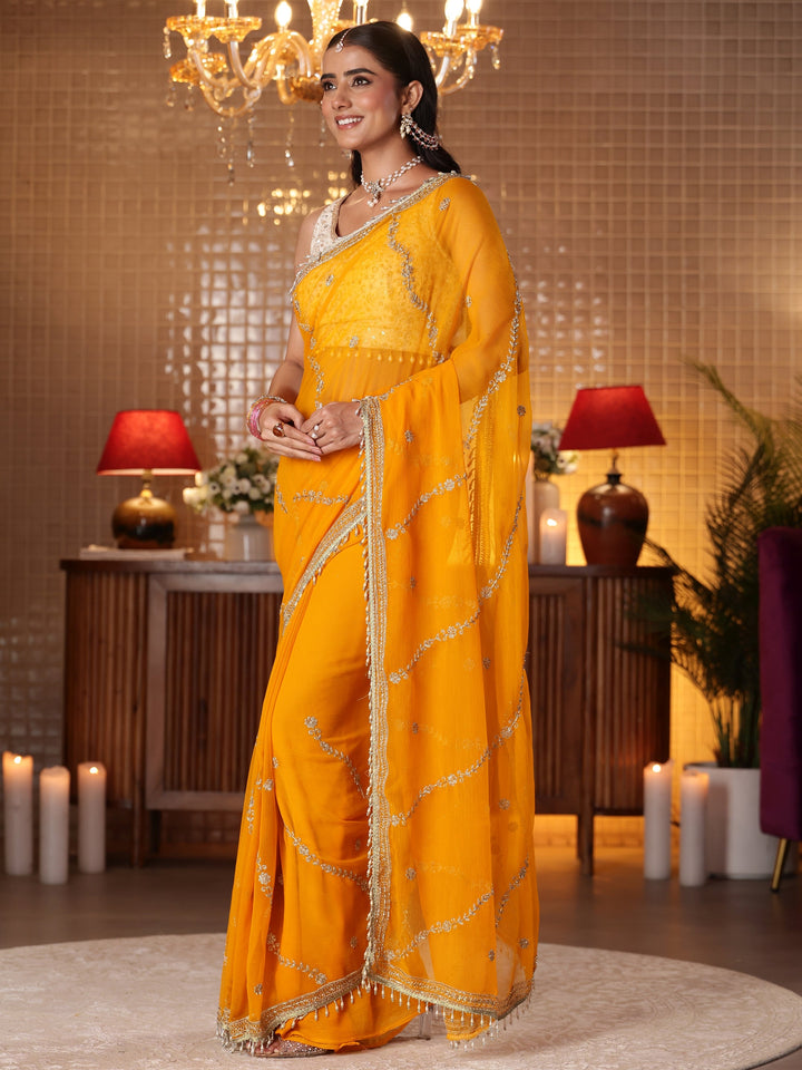 Libas Orange Floral Embroidered Chiffon Saree
