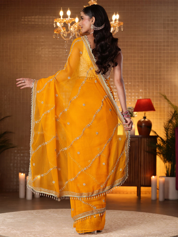 Libas Orange Floral Embroidered Chiffon Saree