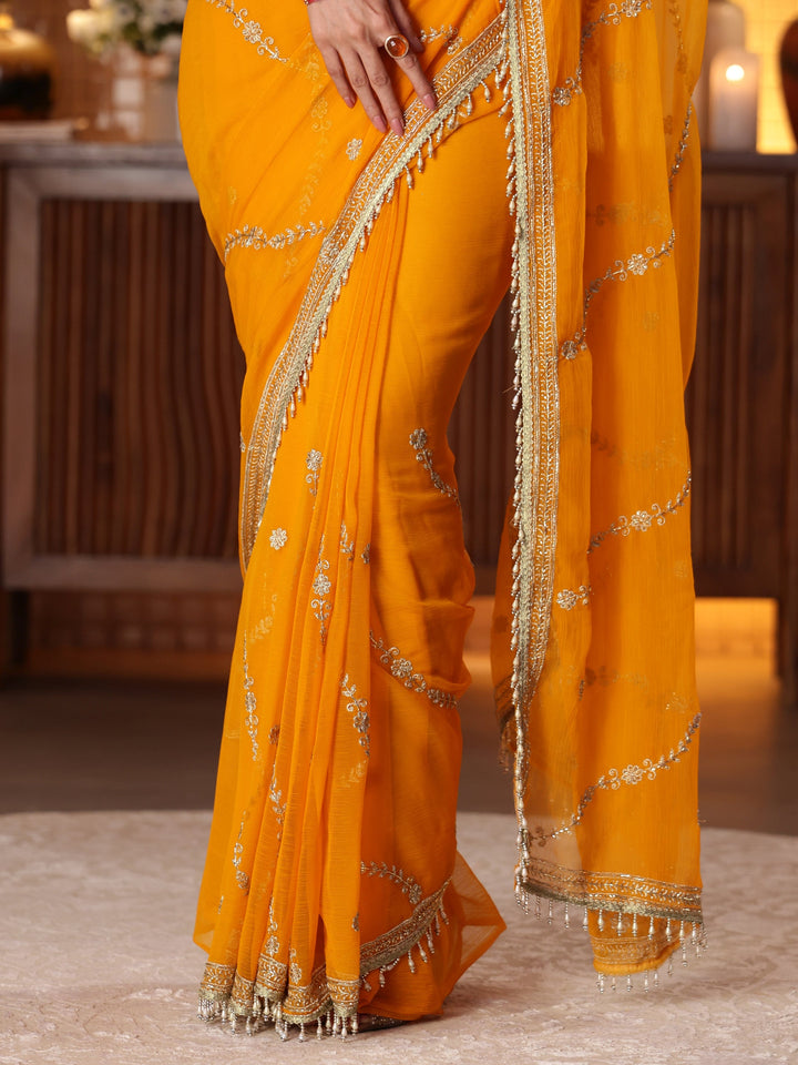Libas Orange Floral Embroidered Chiffon Saree