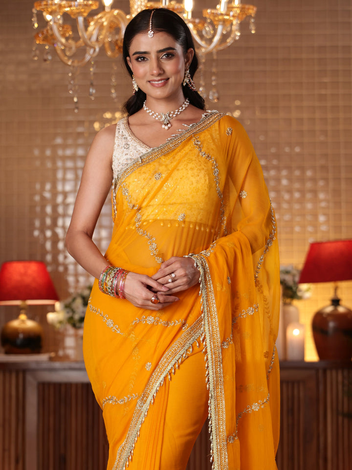 Libas Orange Floral Embroidered Chiffon Saree